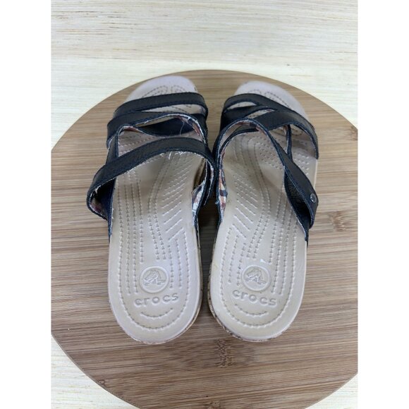 Crocs A-Leigh Black Leather Cork Wedge Sandals Womens Size 7 - Picture 6 of 8